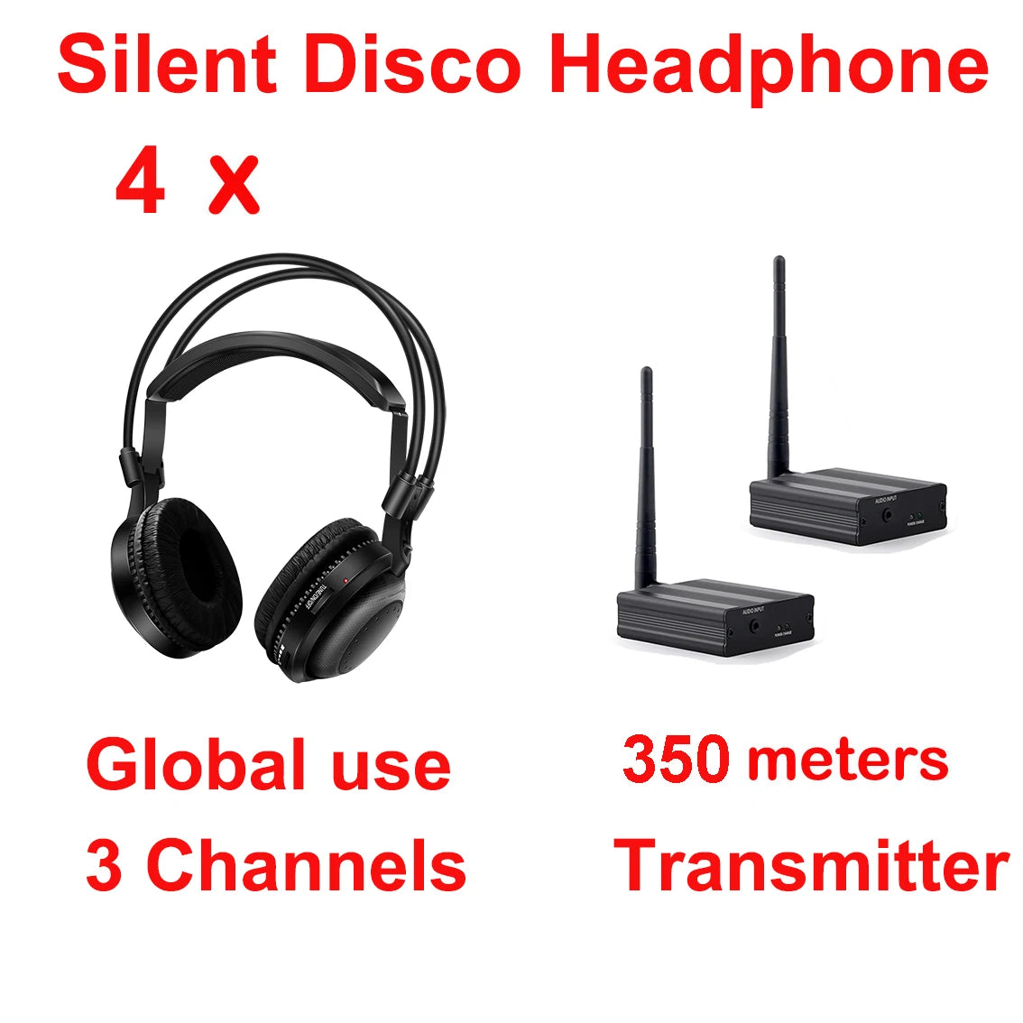 500m HIFI Soune Quality Classical Silent Disco Wireless Headphones- 4 Pcs Headphones Bundle with 2 Transmitters for House Party