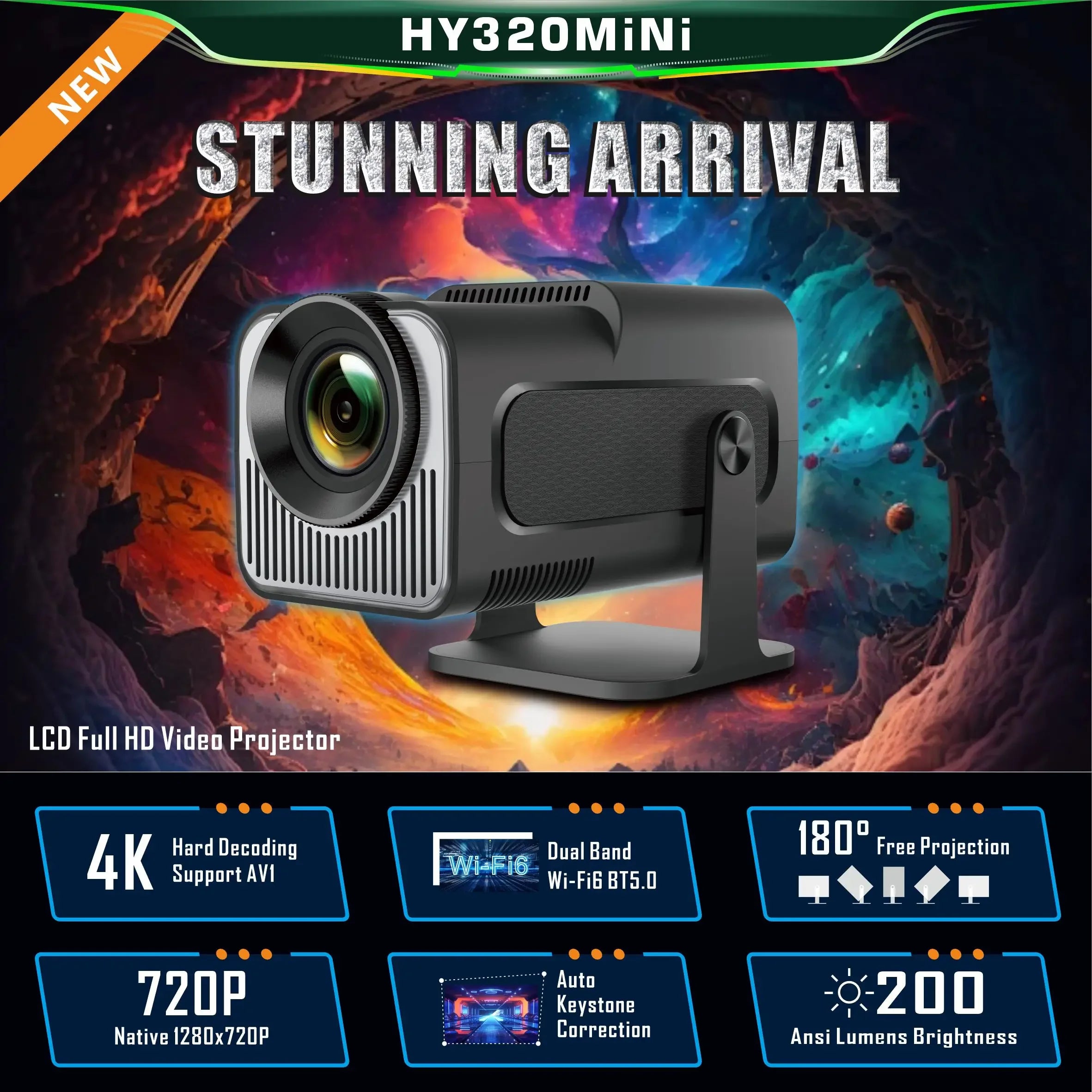 Smart Android11 HY320 MINI Projector 4K WiFi6 BT5 390ANSI Full HD 1080P Home Cinema Outdoor Portable  ﻿